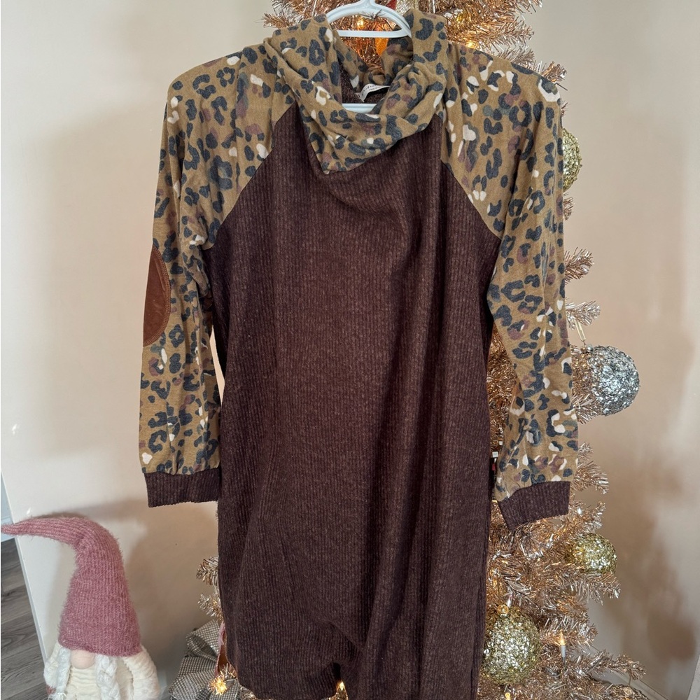 Brown and Leopard Print Cowl Neck Sweater